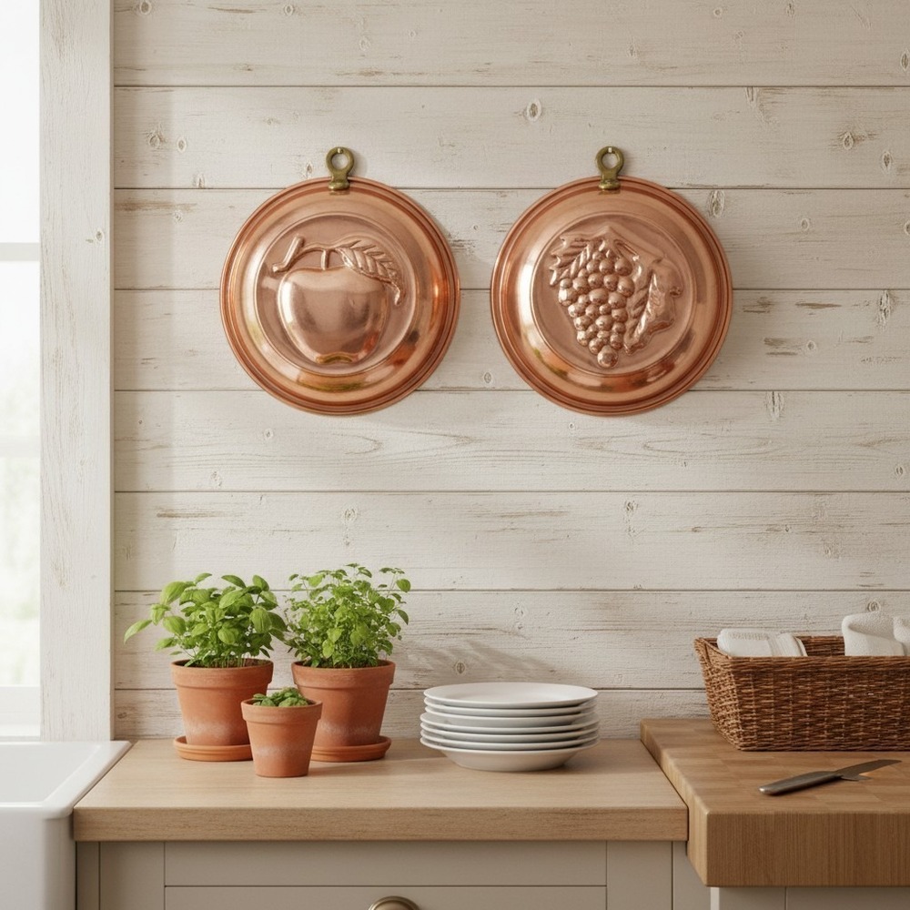 2 Vintage Copper Brass Fruit Wall Hanging Molds Apple Grapes French Country 6"